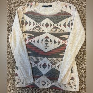 Geometric Patterned Beige and Red Sweater by Ness, size medium